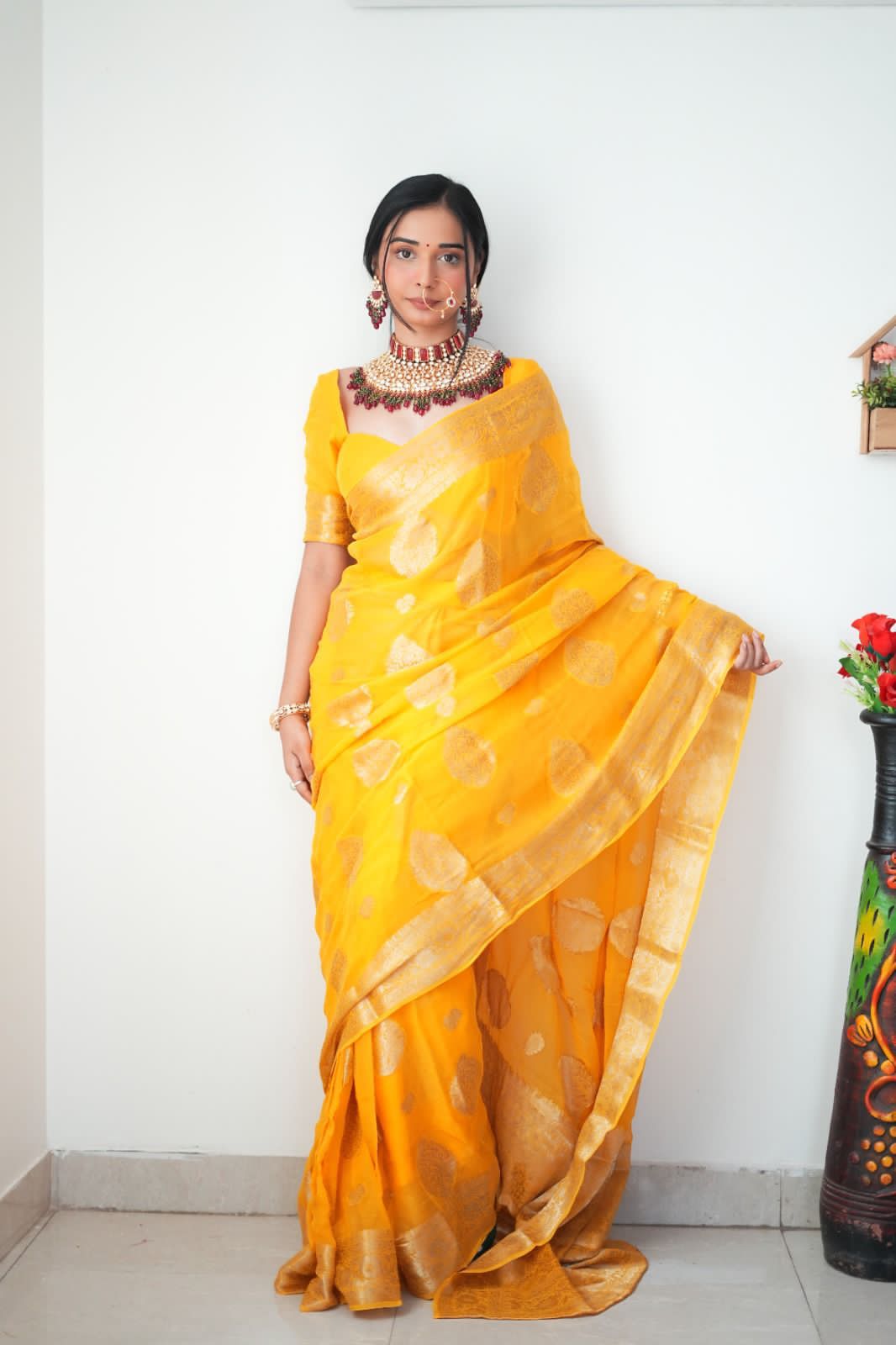 Soothing 1-Minute Ready To Wear Yellow Cotton Silk Saree