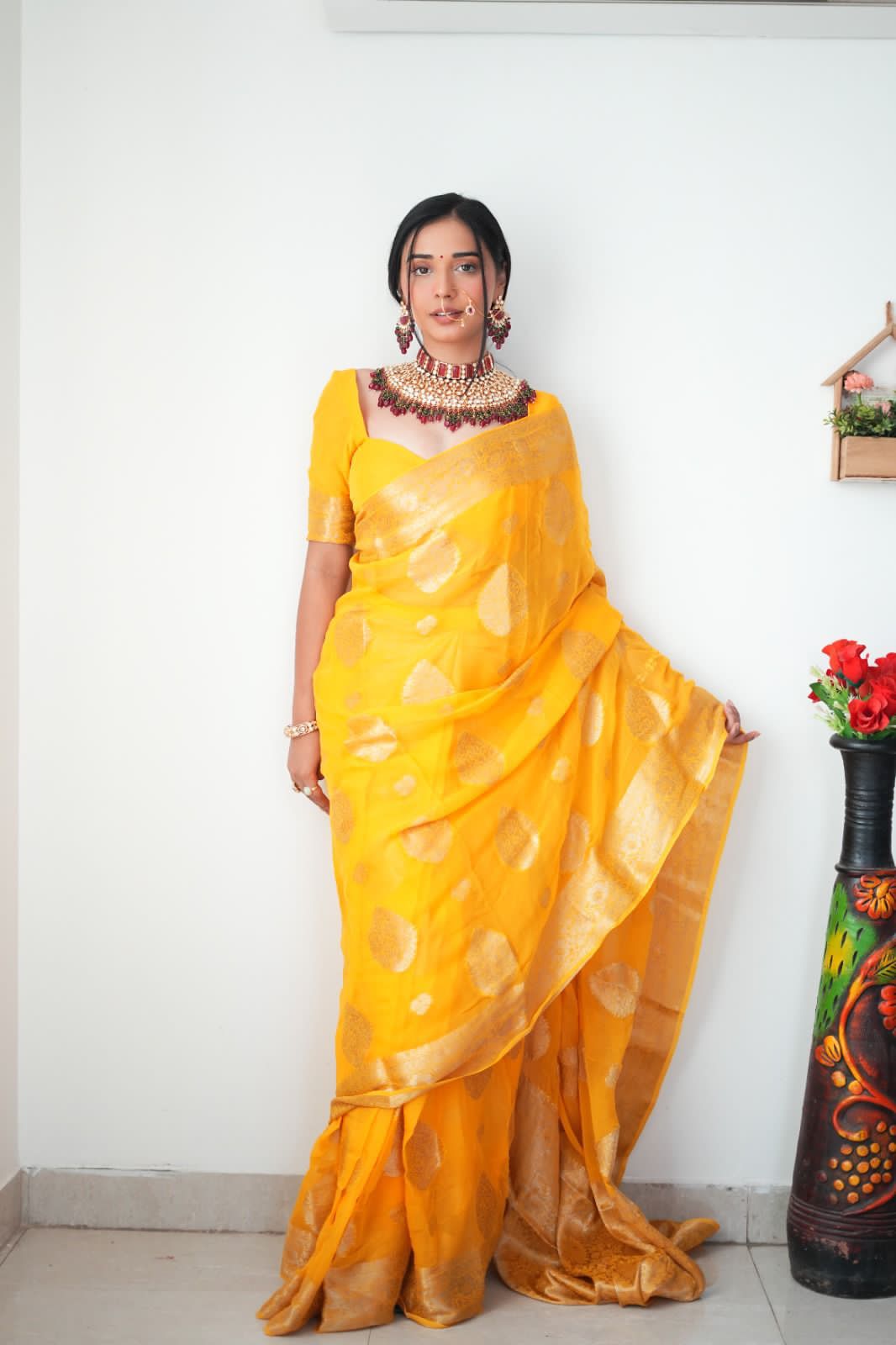 Soothing 1-Minute Ready To Wear Yellow Cotton Silk Saree