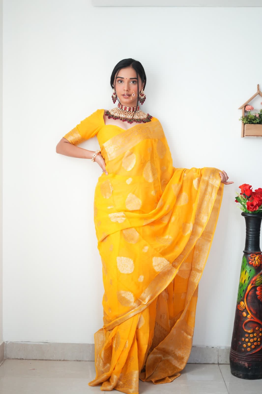 Soothing 1-Minute Ready To Wear Yellow Cotton Silk Saree