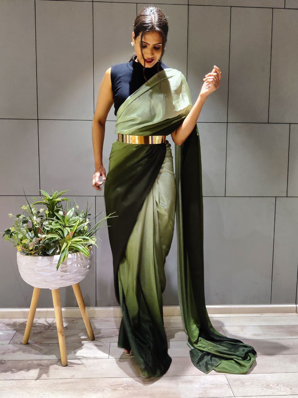 Lovely 1-Minute Ready To Wear Green Georgette Saree