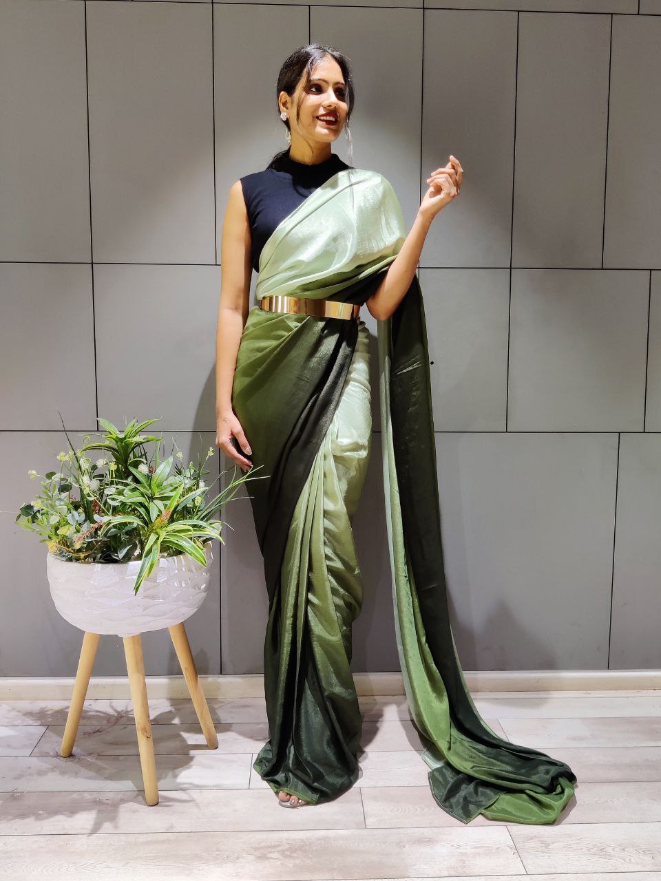 Lovely 1-Minute Ready To Wear Green Georgette Saree