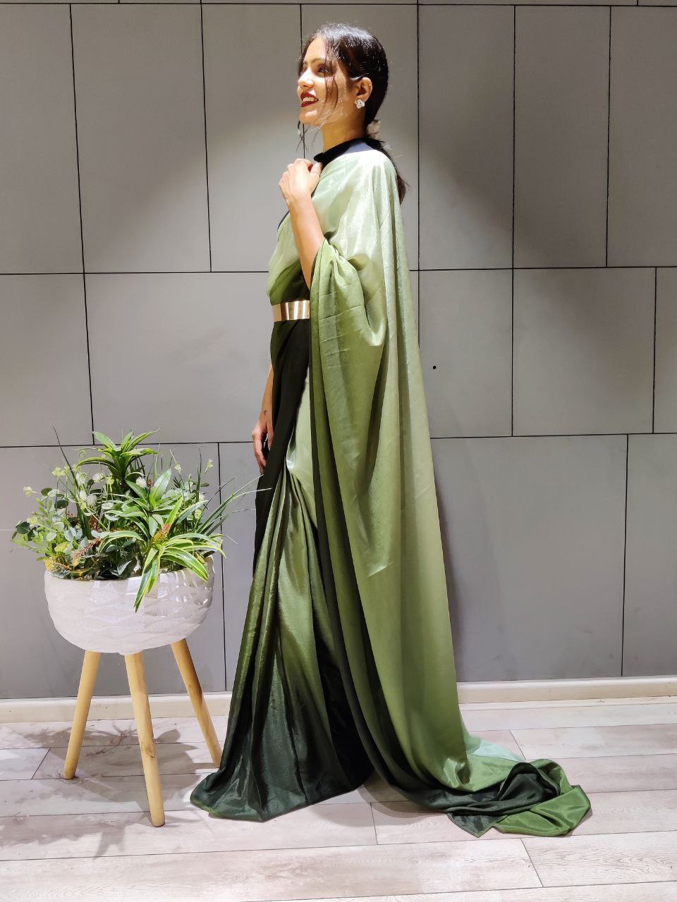 Lovely 1-Minute Ready To Wear Green Georgette Saree