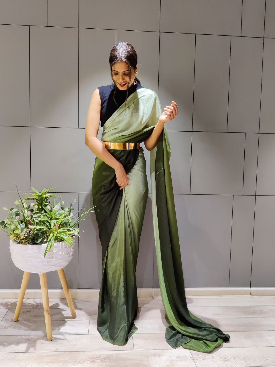 Lovely 1-Minute Ready To Wear Green Georgette Saree