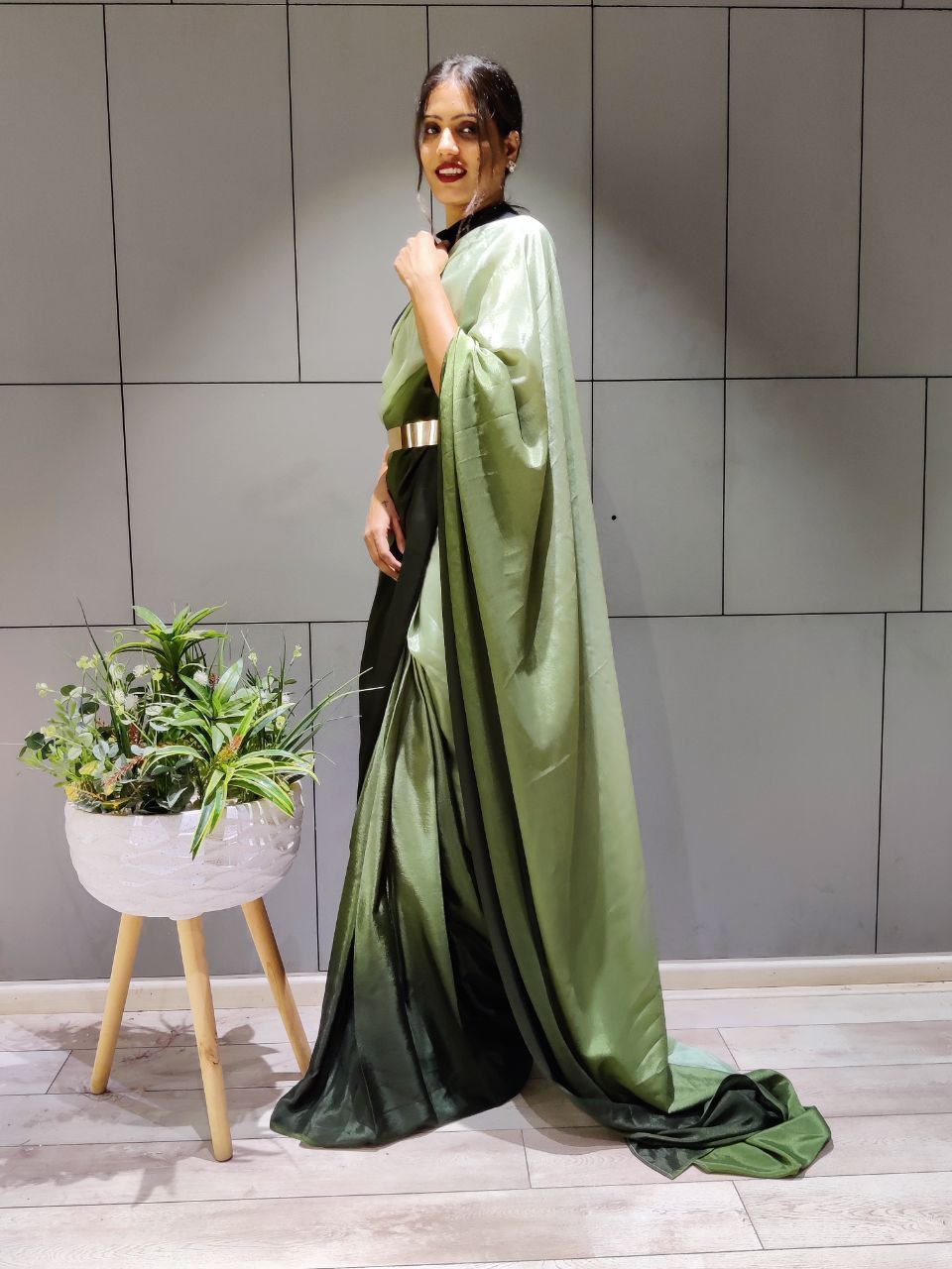 Lovely 1-Minute Ready To Wear Green Georgette Saree