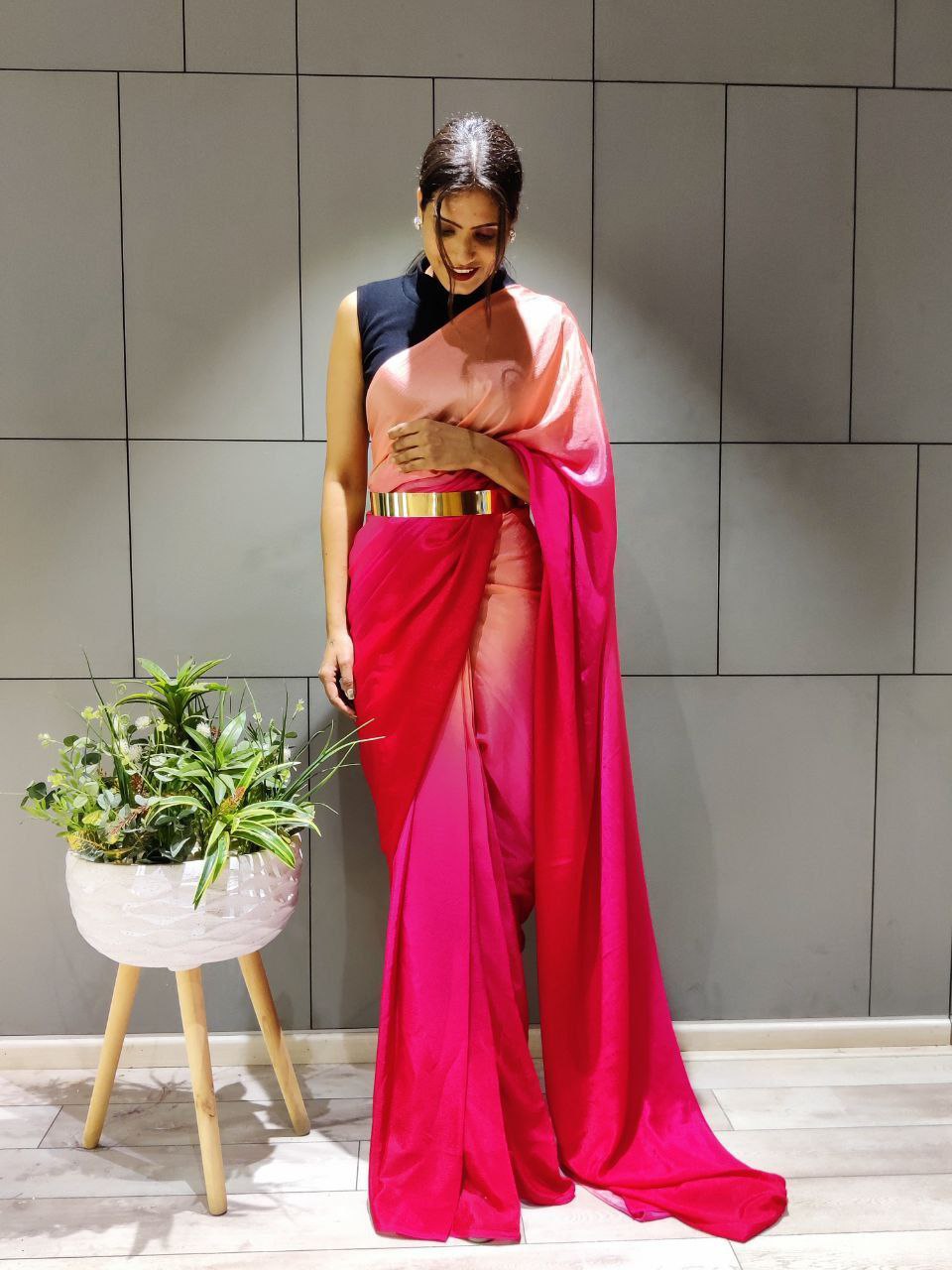 Pretty 1-Minute Ready To Wear Dark Pink Georgette Saree