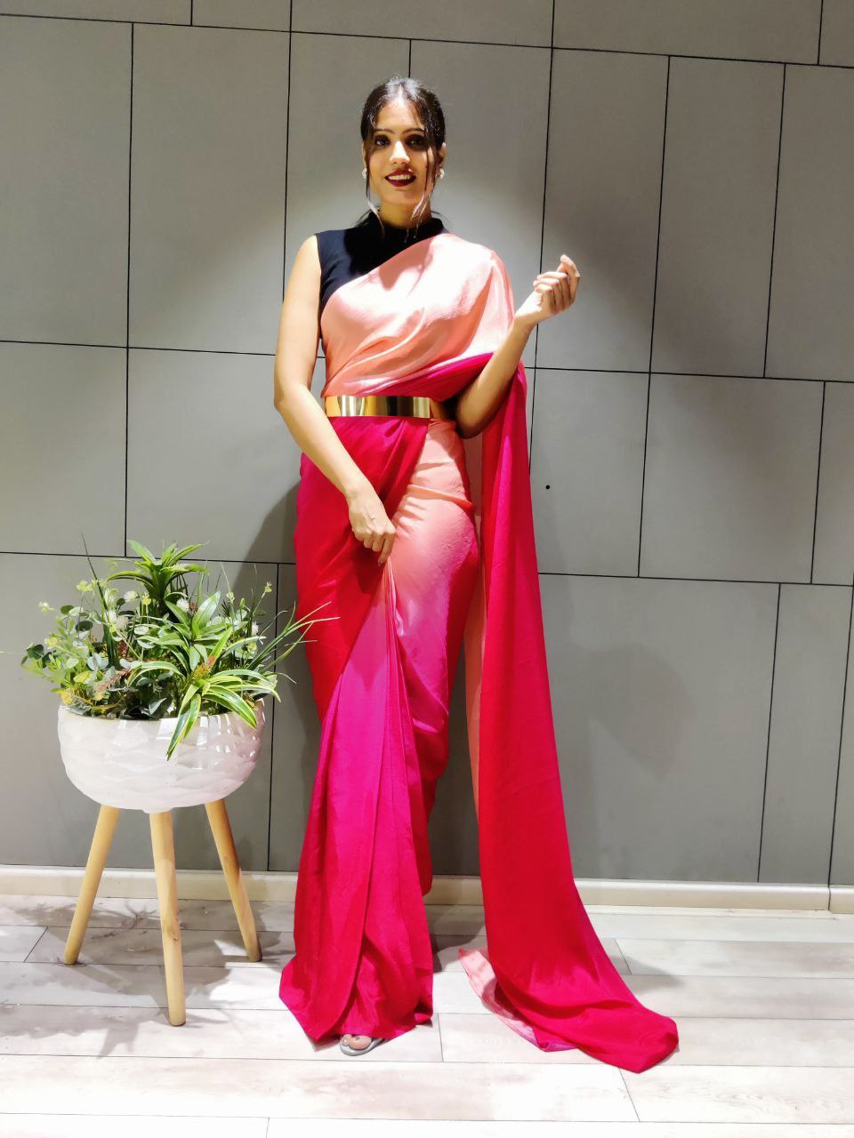 Pretty 1-Minute Ready To Wear Dark Pink Georgette Saree