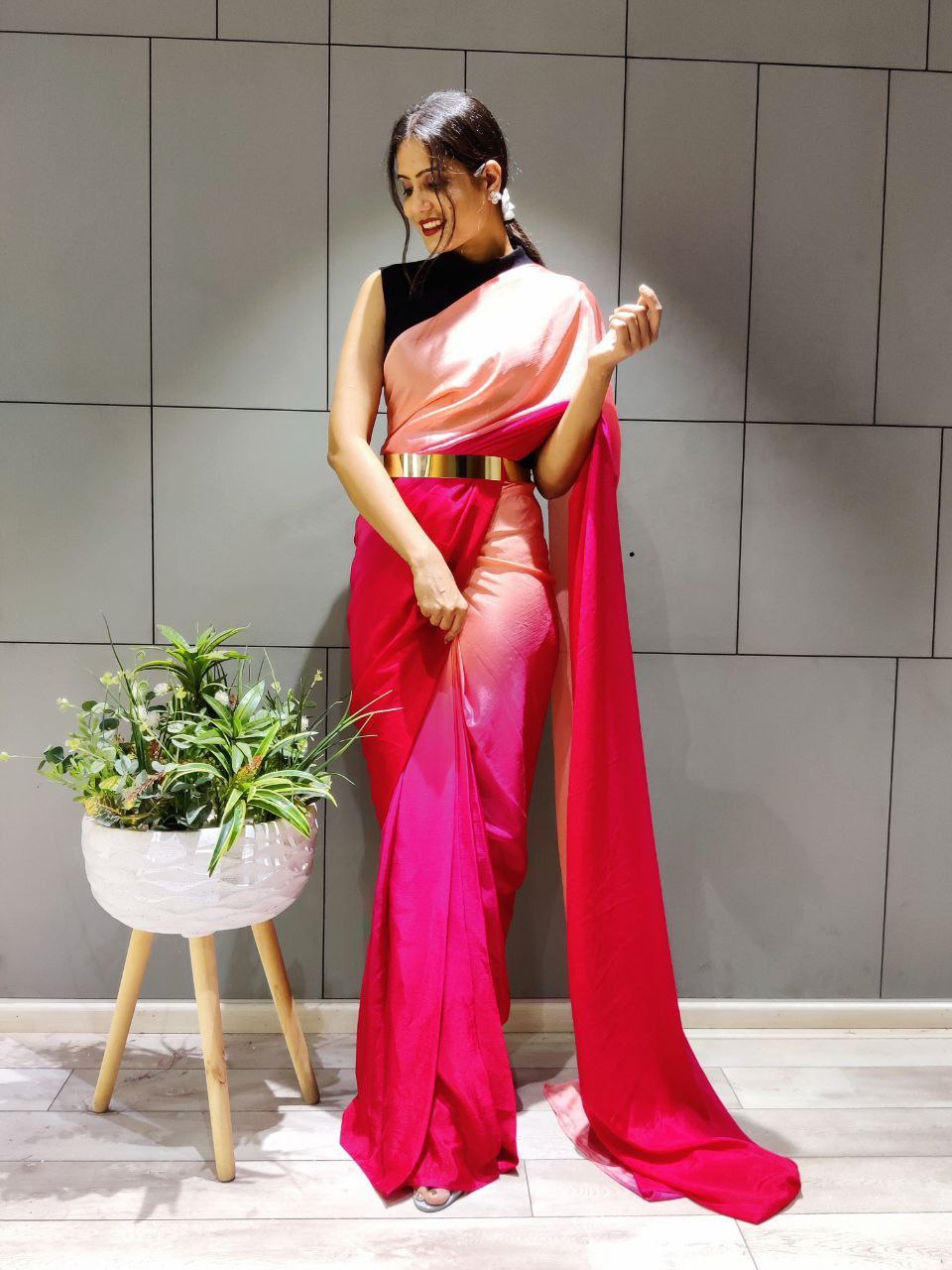 Pretty 1-Minute Ready To Wear Dark Pink Georgette Saree