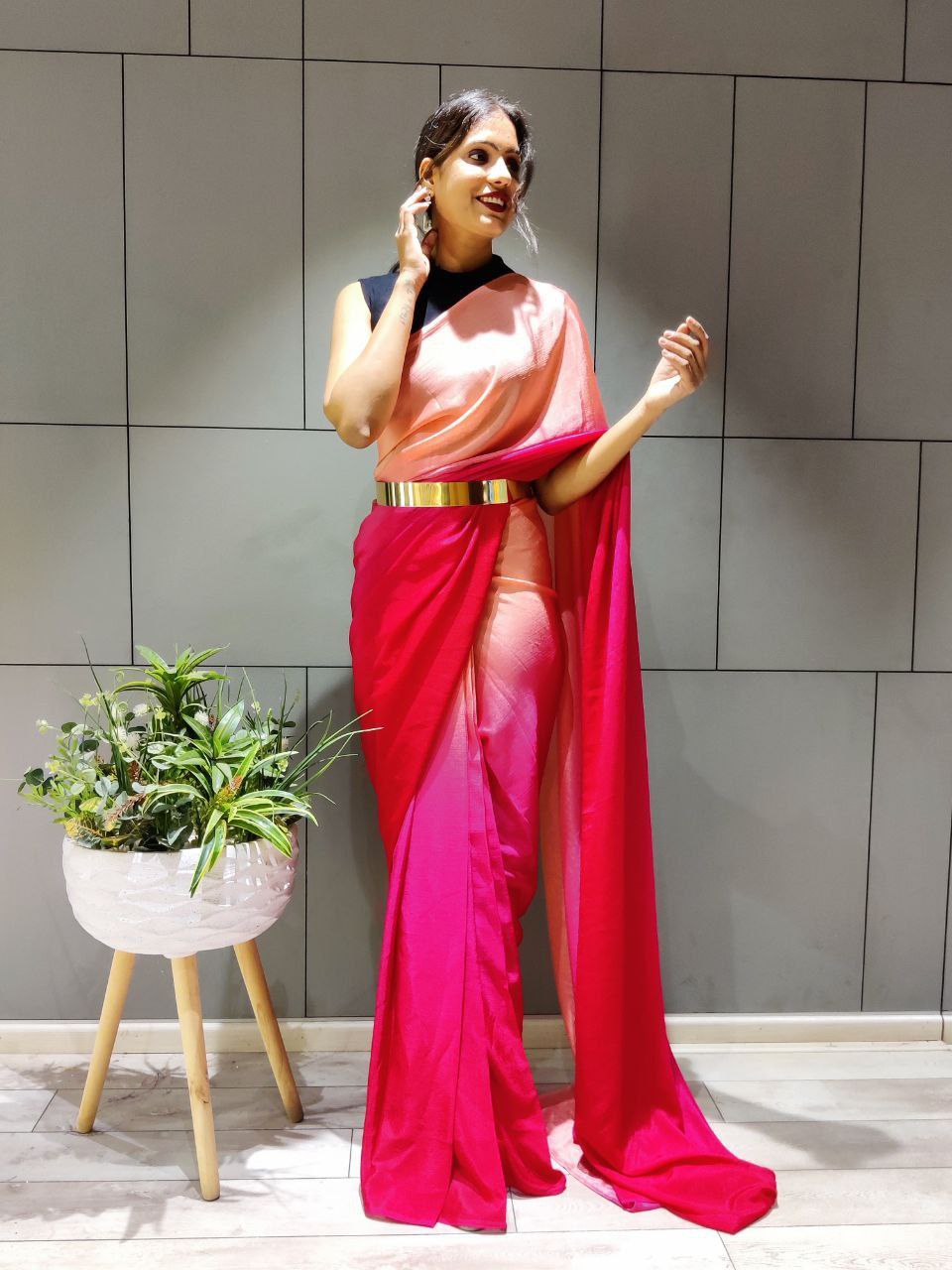 Pretty 1-Minute Ready To Wear Dark Pink Georgette Saree