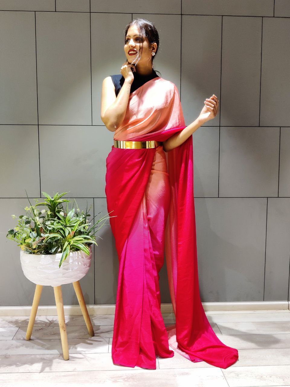Pretty 1-Minute Ready To Wear Dark Pink Georgette Saree