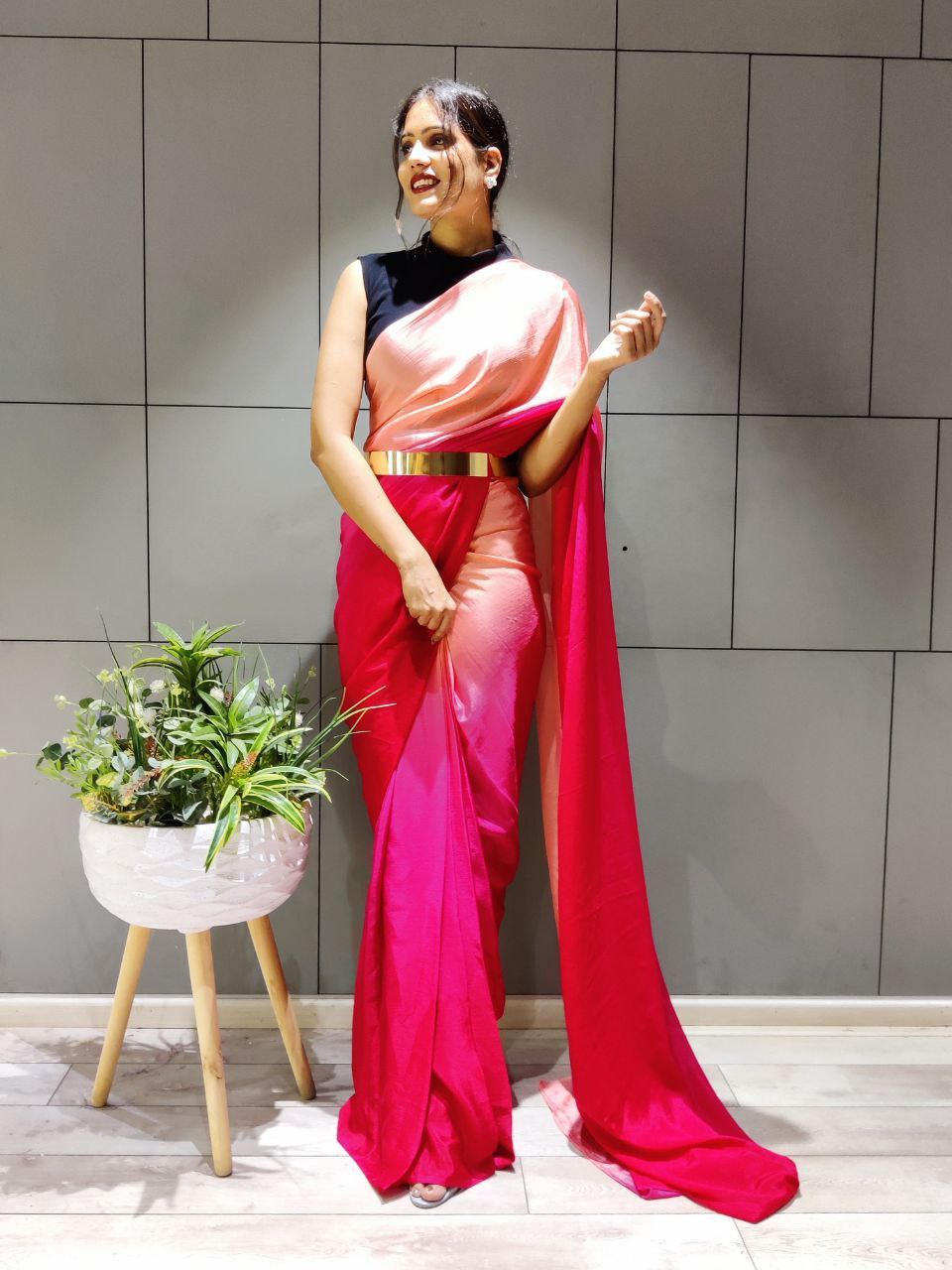 Pretty 1-Minute Ready To Wear Dark Pink Georgette Saree