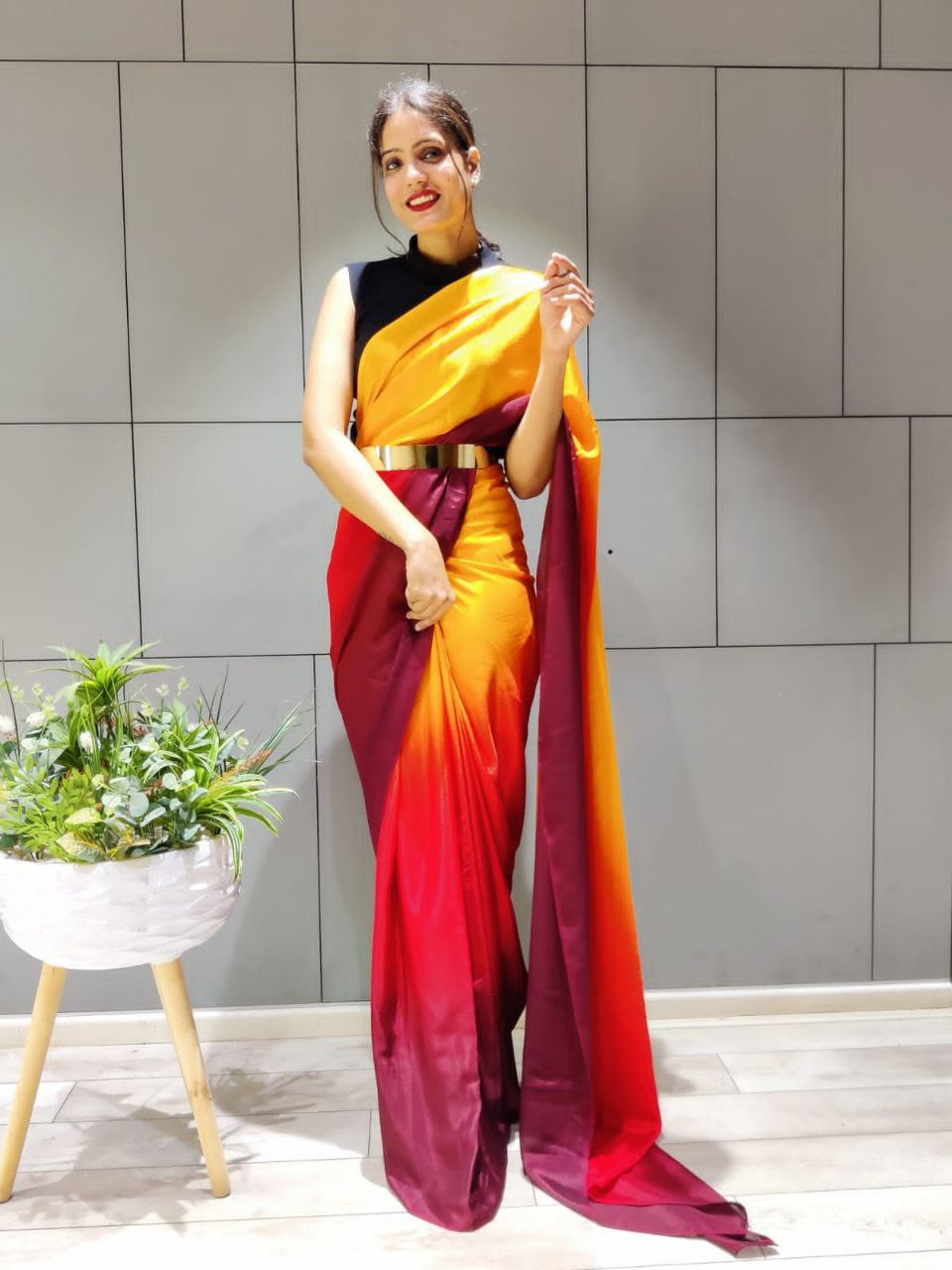 Exquisite 1-Minute Ready To Wear Yellow Georgette Saree