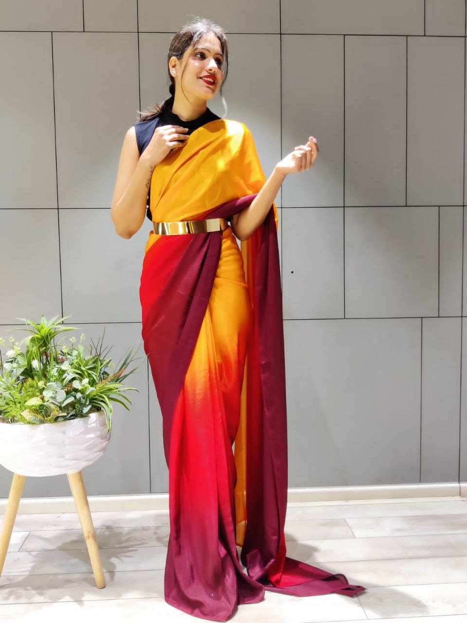 Exquisite 1-Minute Ready To Wear Yellow Georgette Saree