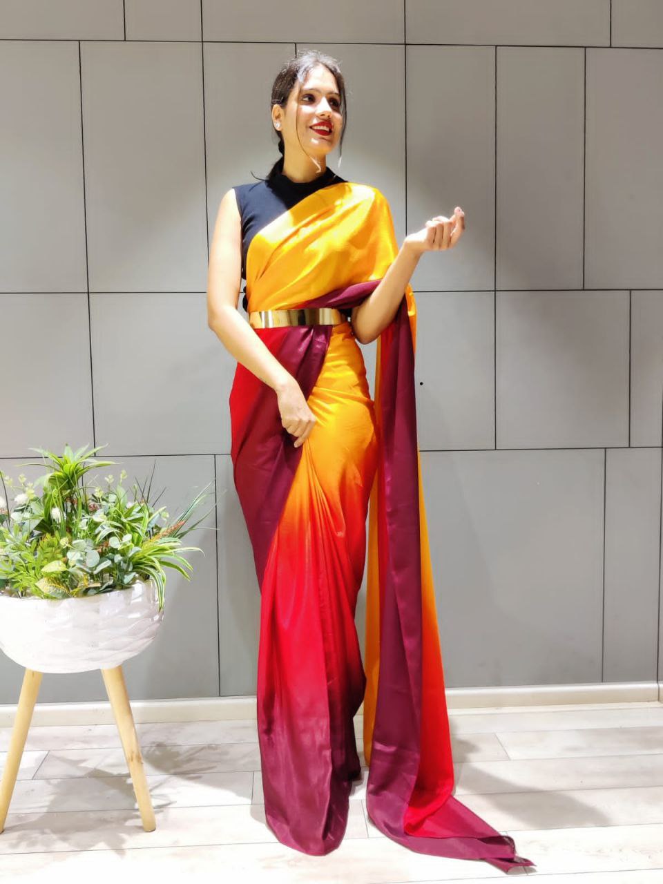 Exquisite 1-Minute Ready To Wear Yellow Georgette Saree