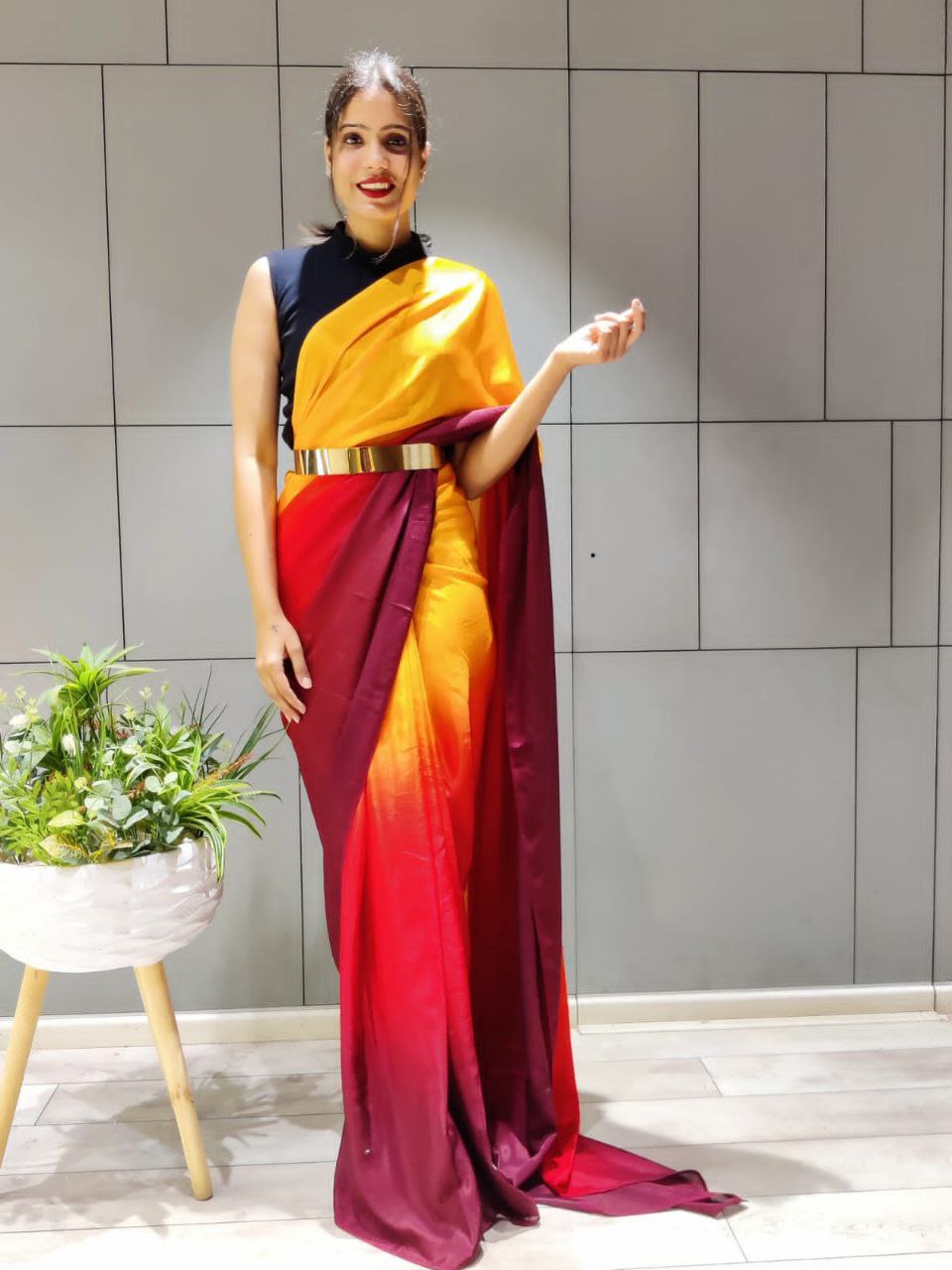 Exquisite 1-Minute Ready To Wear Yellow Georgette Saree