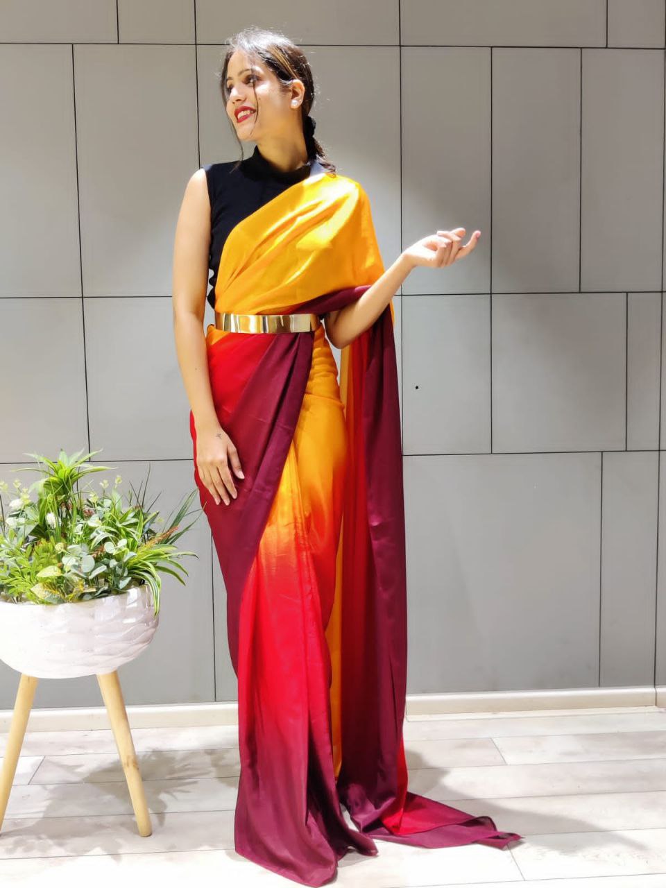 Exquisite 1-Minute Ready To Wear Yellow Georgette Saree