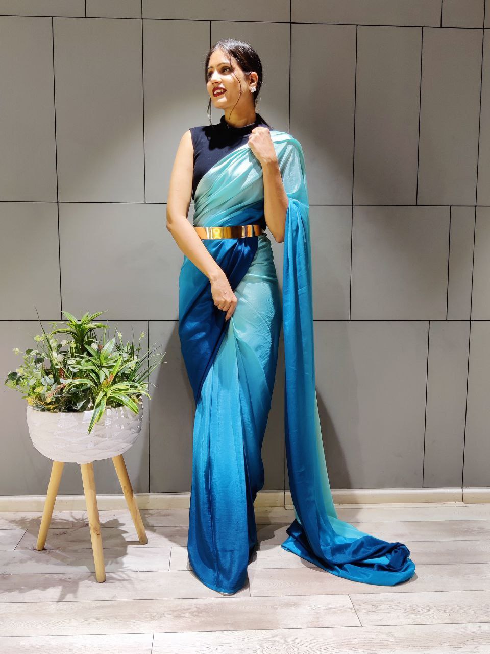 Radiant 1-Minute Ready To Wear Sky Blue Georgette Saree