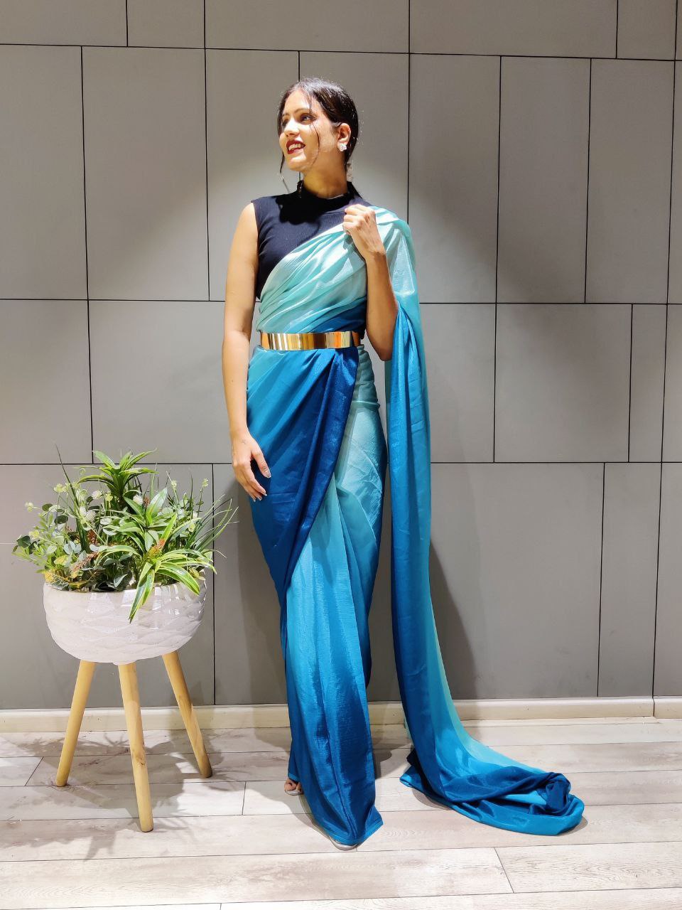 Radiant 1-Minute Ready To Wear Sky Blue Georgette Saree