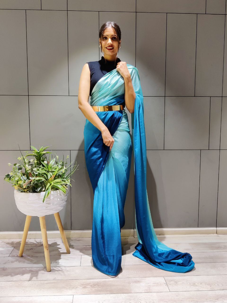 Radiant 1-Minute Ready To Wear Sky Blue Georgette Saree