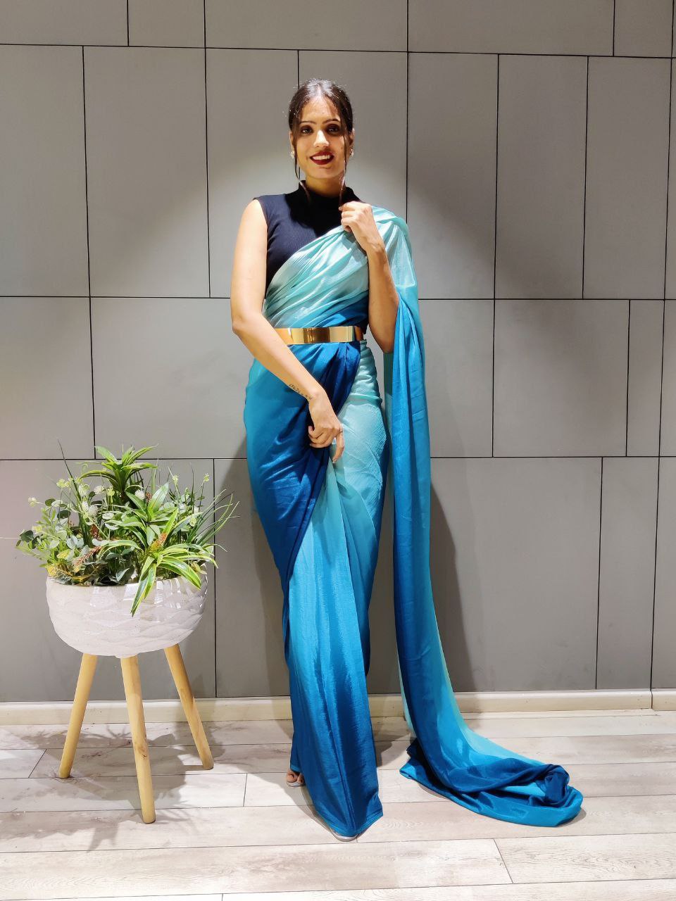 Radiant 1-Minute Ready To Wear Sky Blue Georgette Saree