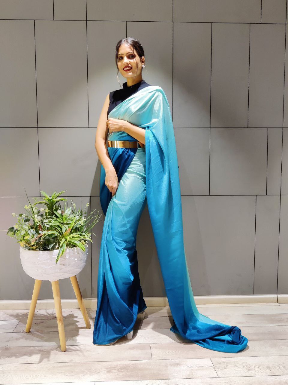 Radiant 1-Minute Ready To Wear Sky Blue Georgette Saree