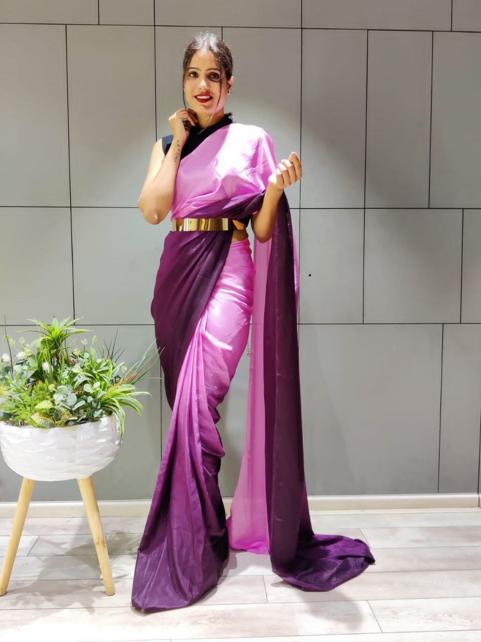 Charming 1-Minute Ready To Wear Wine Georgette Saree