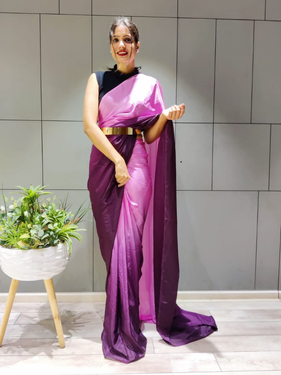 Charming 1-Minute Ready To Wear Wine Georgette Saree