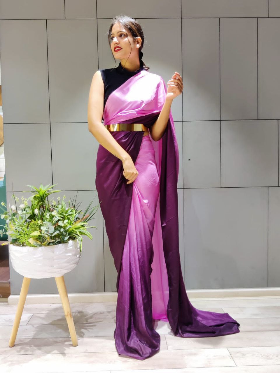 Charming 1-Minute Ready To Wear Wine Georgette Saree
