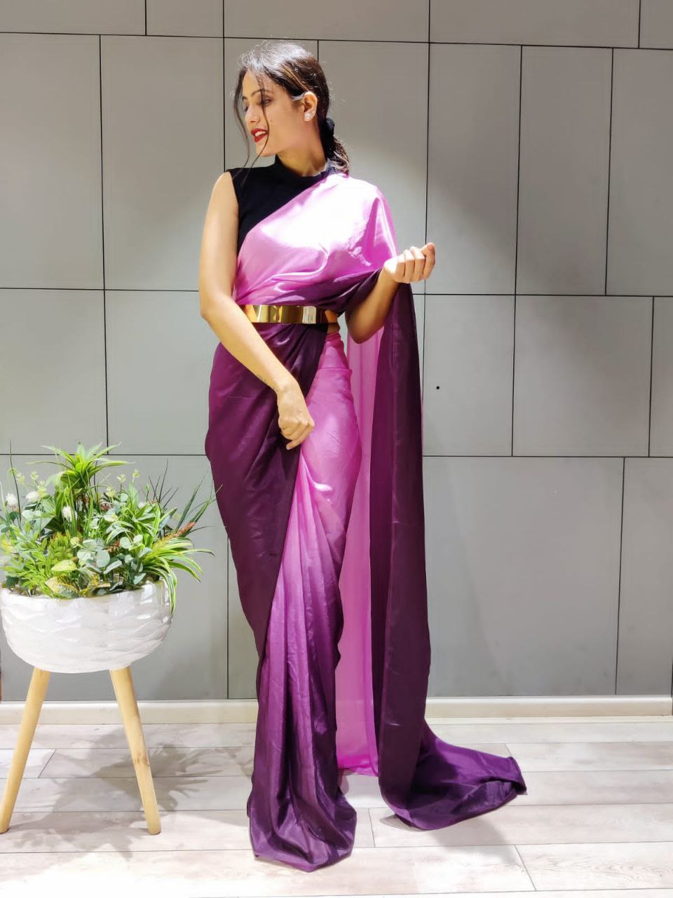 Charming 1-Minute Ready To Wear Wine Georgette Saree