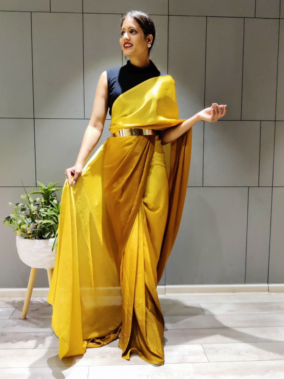 Unblemished 1-Minute Ready To Wear Yellow Georgette Saree