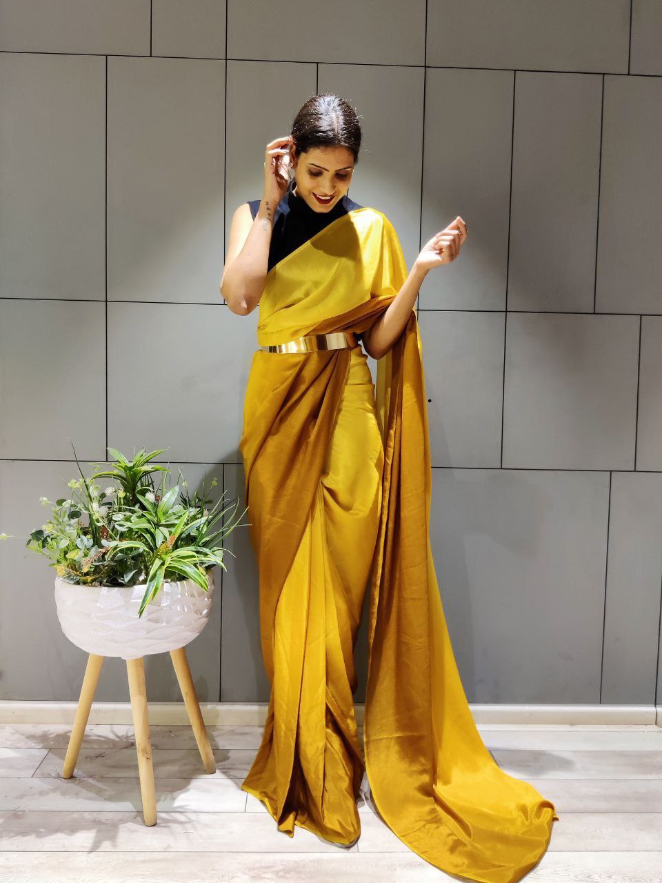 Unblemished 1-Minute Ready To Wear Yellow Georgette Saree