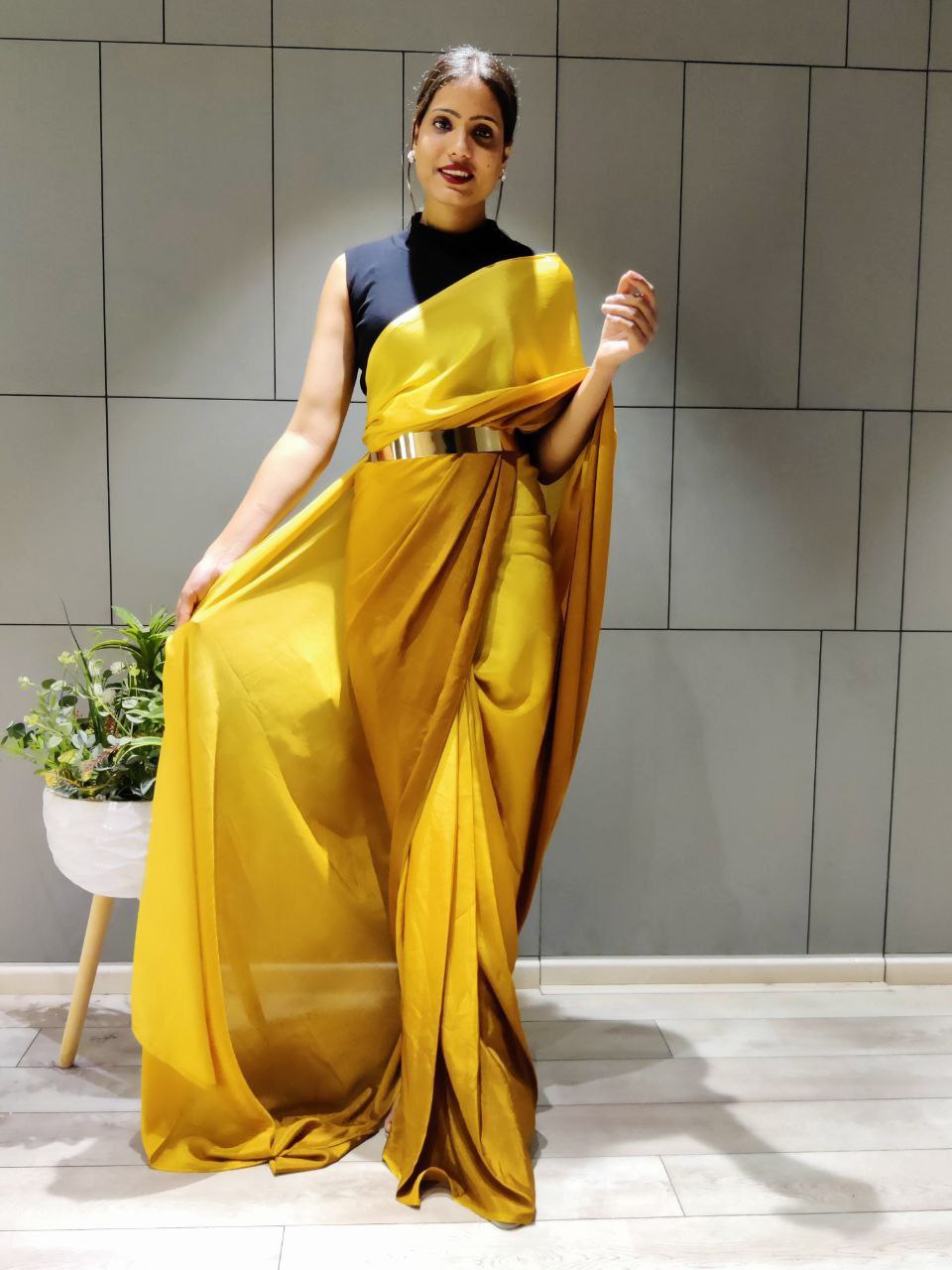 Unblemished 1-Minute Ready To Wear Yellow Georgette Saree