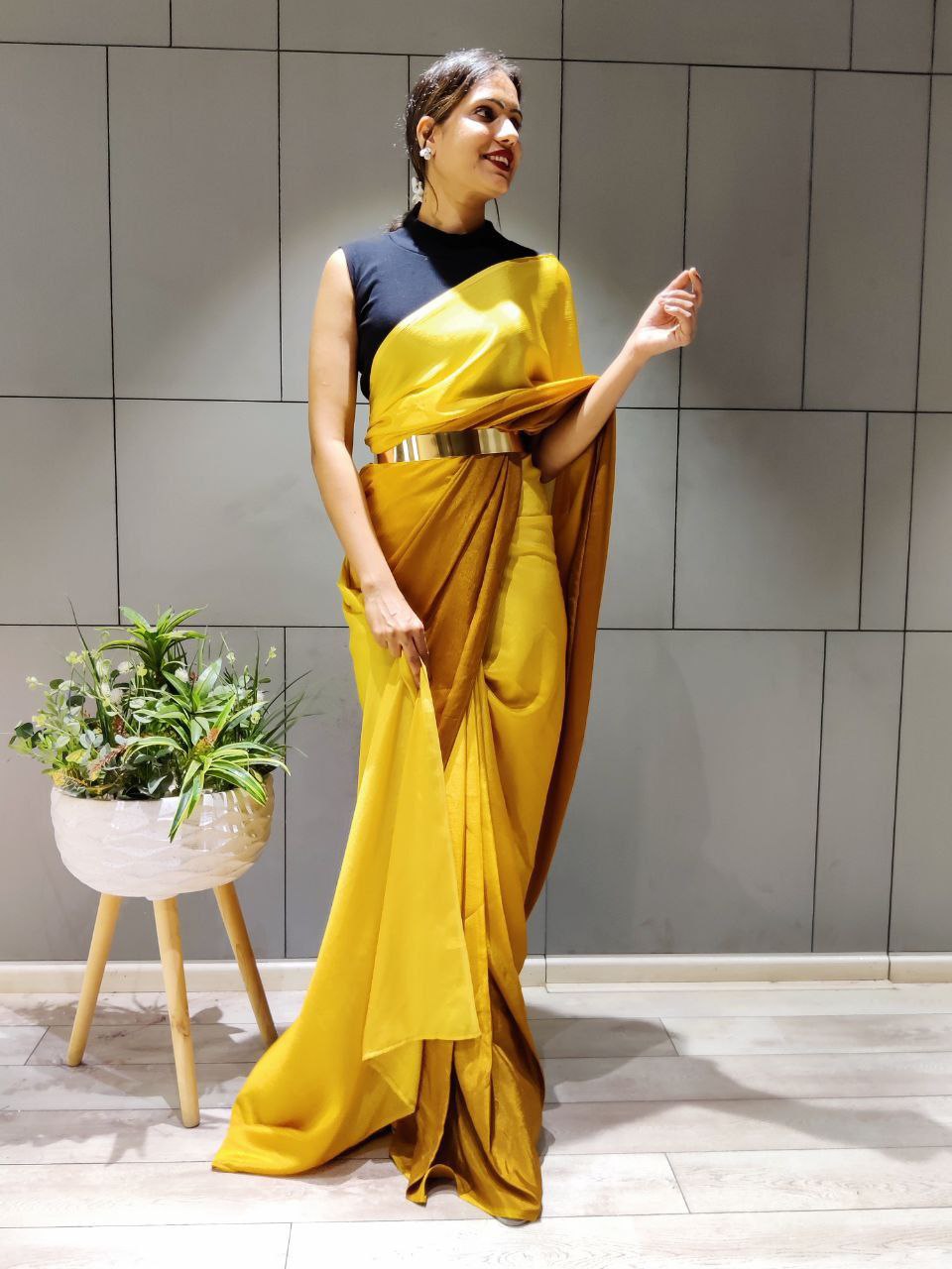 Unblemished 1-Minute Ready To Wear Yellow Georgette Saree