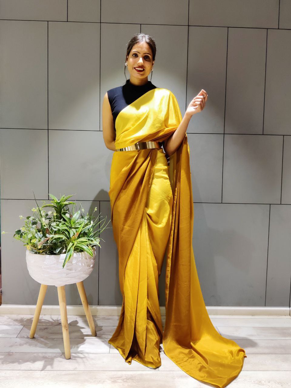 Unblemished 1-Minute Ready To Wear Yellow Georgette Saree
