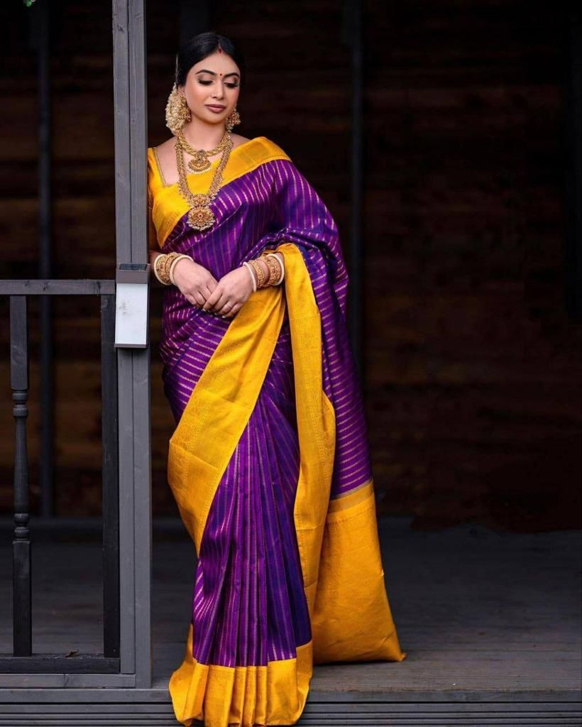 Adorning Purple Soft Silk Saree With Classy Blouse Piece