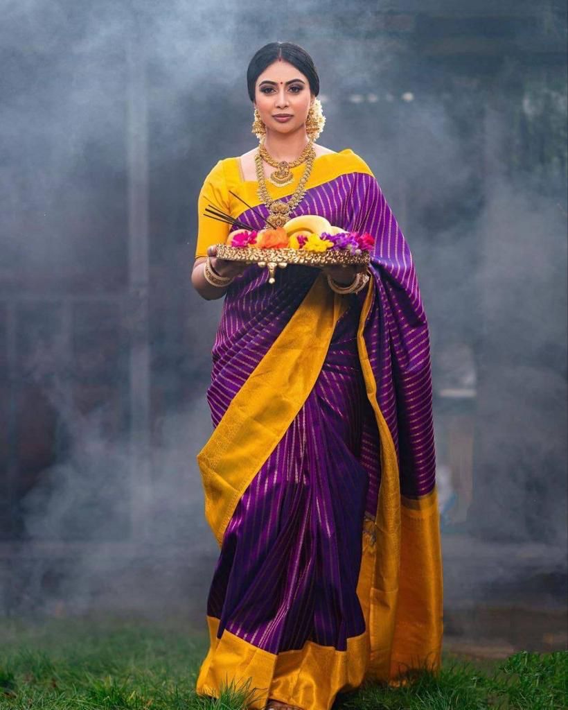 Adorning Purple Soft Silk Saree With Classy Blouse Piece