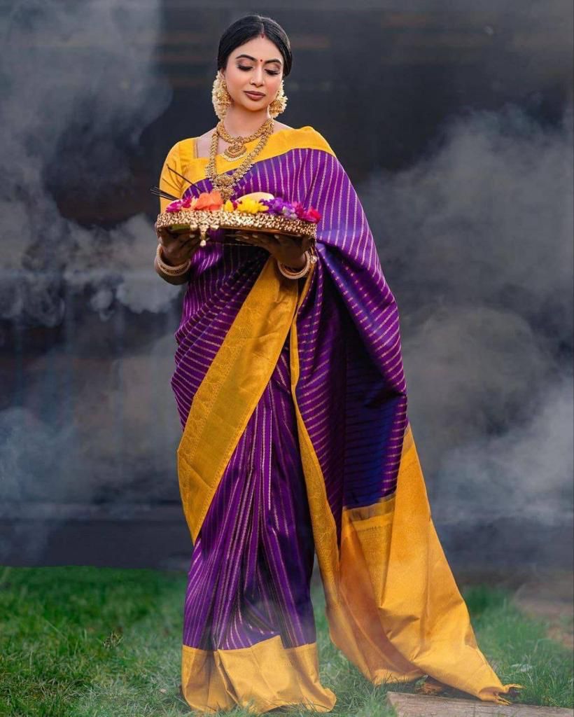 Adorning Purple Soft Silk Saree With Classy Blouse Piece