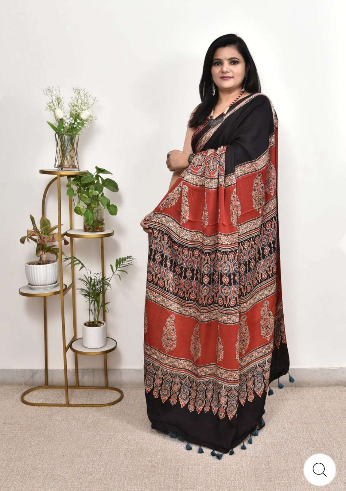 Pallu design of Ajrakh satin silk saree