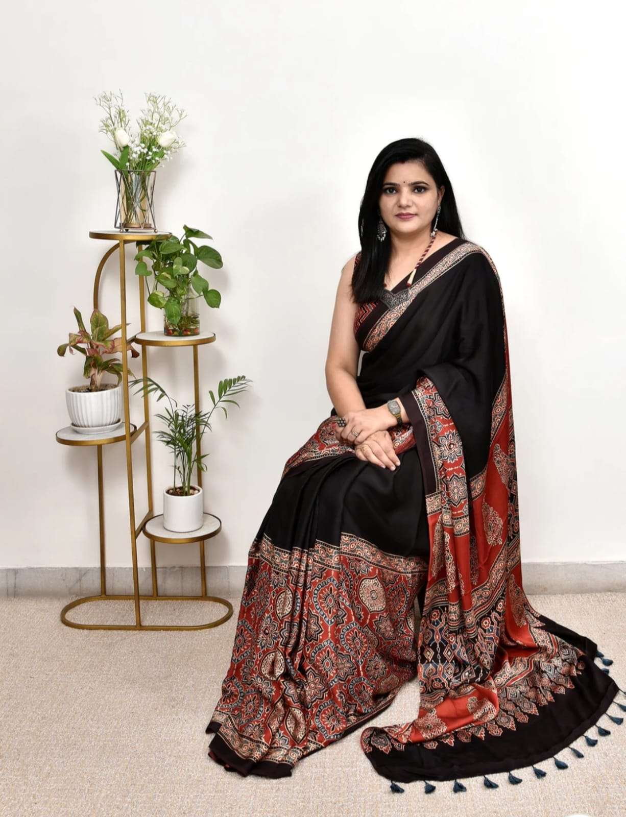 Front view of Amarvastra Ajrakh Satin Silk Saree