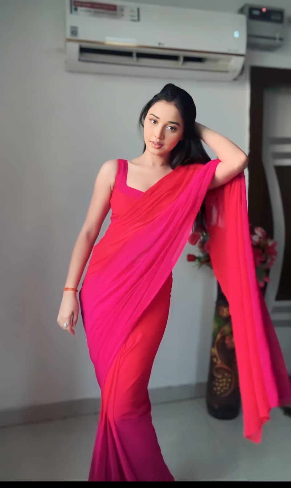 Model wearing multicolor georgette ready to wear saree by Amarvastra – full look
