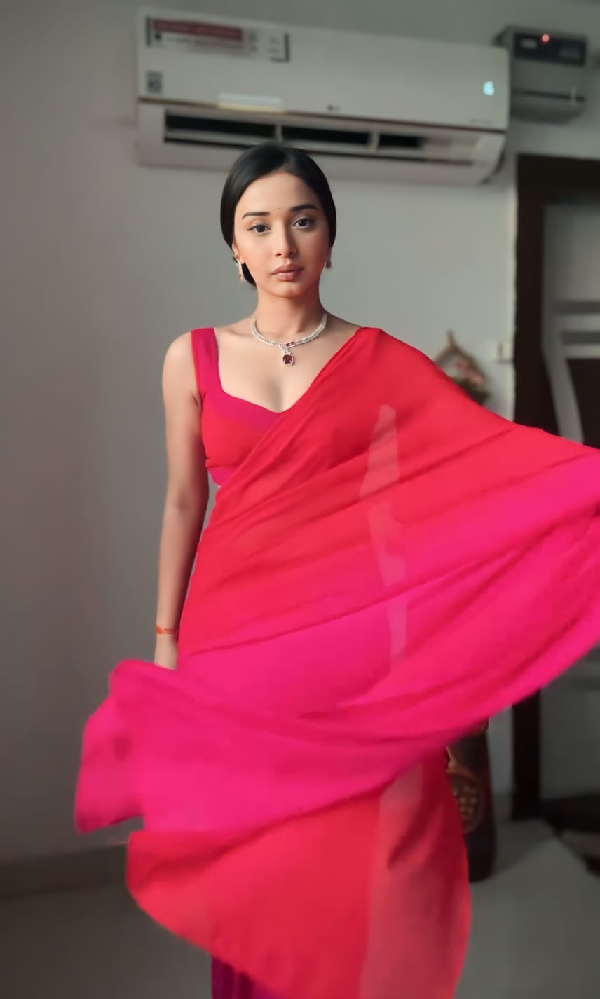 Side look of model wearing stitched multicolor georgette saree by Amarvastra