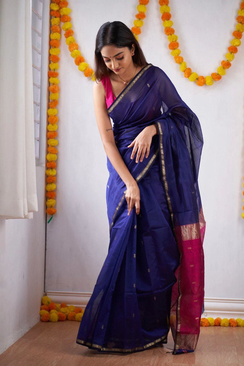 Blue Cotton Silk Jacquard Saree with Matching Unstitched Blouse
