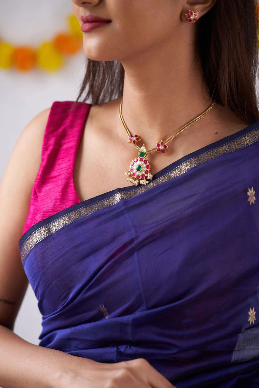 Elegant Blue Cotton Silk Saree Fabric Closeup with Jacquard Work