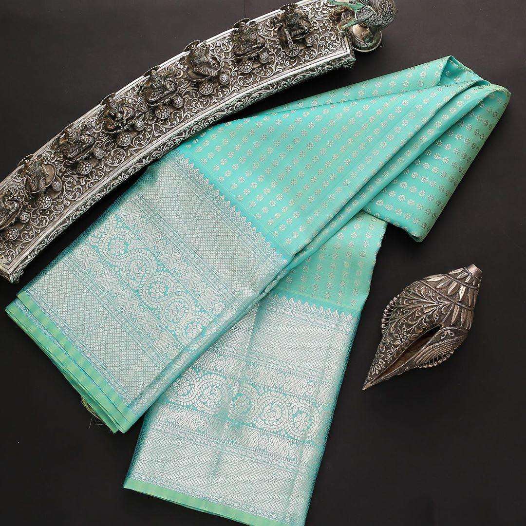 Traditional Firozi Silk Saree with Jacquard Work Design