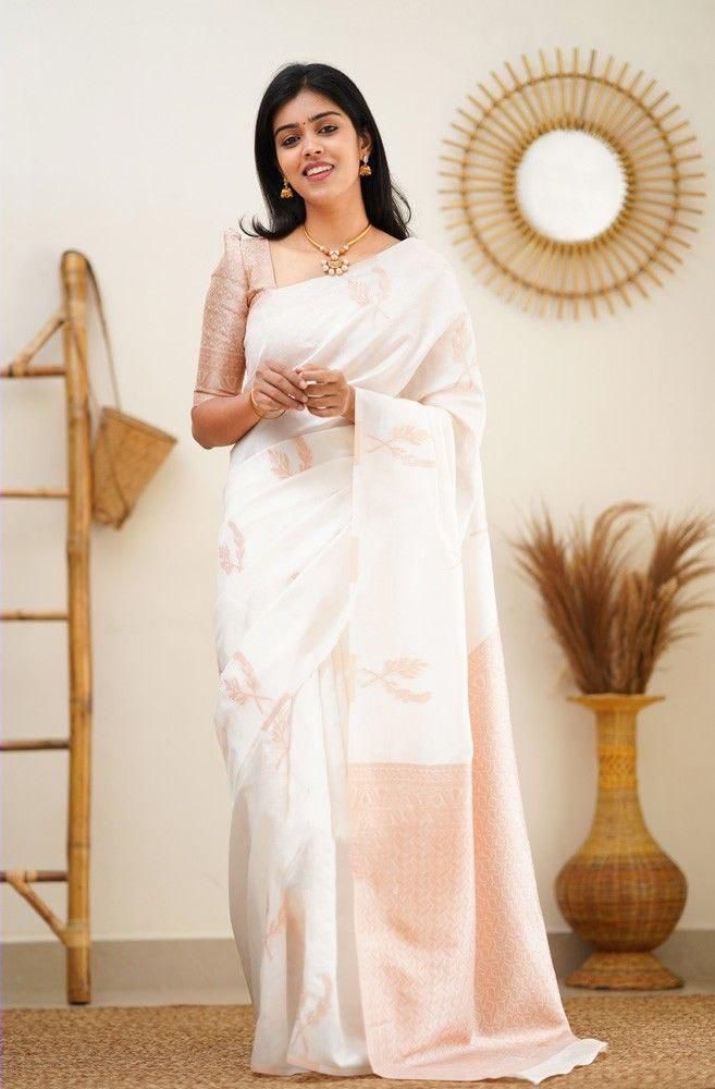 Beguiling White Soft Silk Saree With Brilliance Blouse Piece