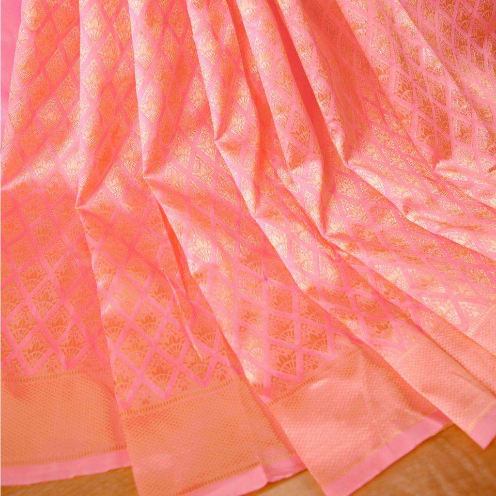 Model wearing Peach Banarasi Silk Saree in Styled Draping – Amarvastra

