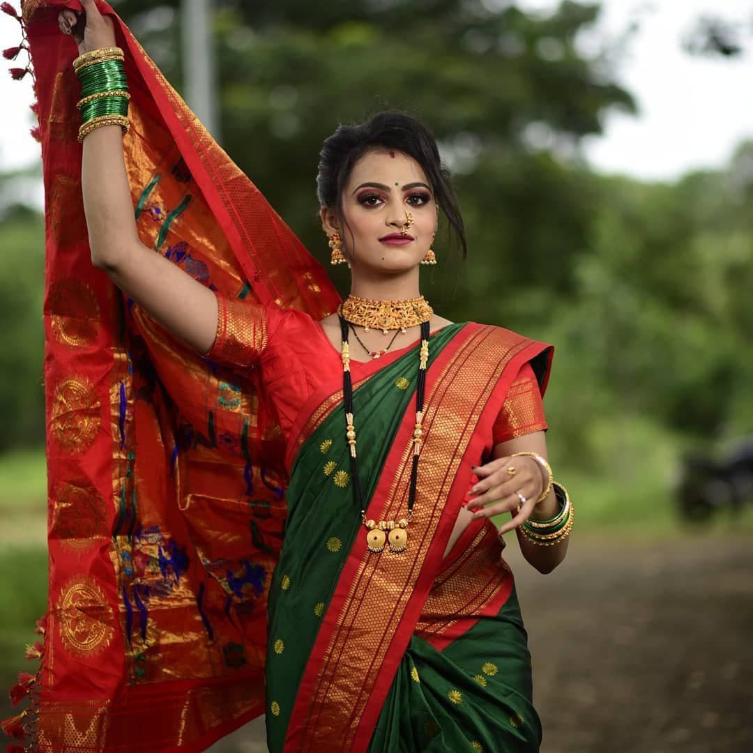 Harmonious Green Paithani Silk Saree With Velvety Blouse Piece