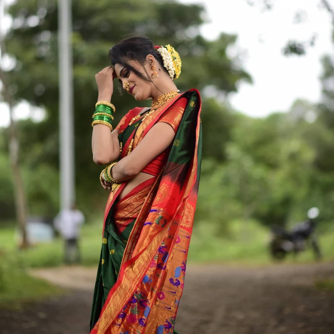 Harmonious Green Paithani Silk Saree With Velvety Blouse Piece