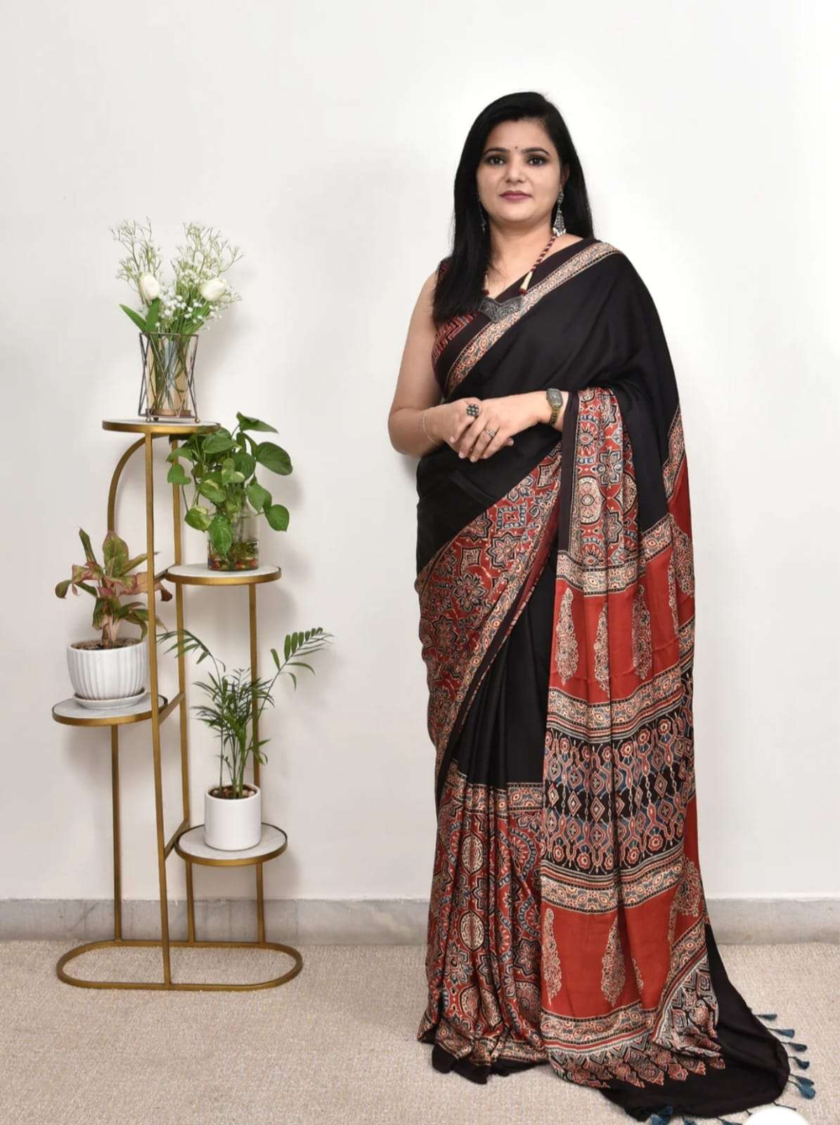 Ajrakh satin silk saree with blouse piece